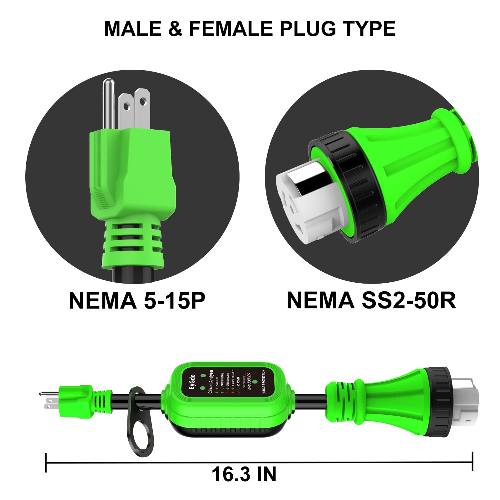 EyGde 50 Amp to 15 Amp RV Adapter with Surge Protector, 5000J, Metal, Green, Model FC-30, Locking Connector for Camper Trailer