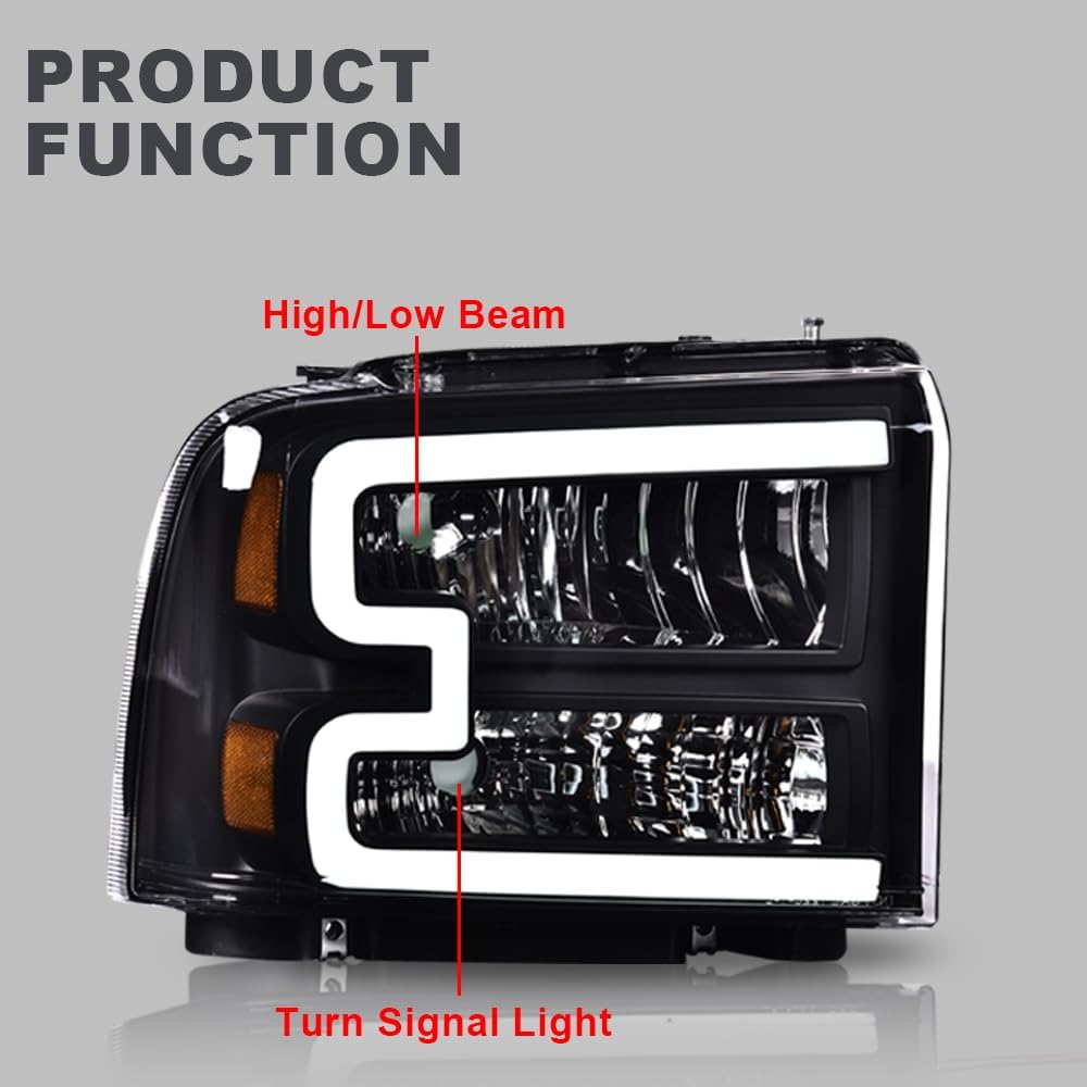G-PLUS LED Headlight Assembly for 2005-2007 Ford F250 F350 F450 F550, Clear Lens, Black Housing, ABS Plastic, Driver & Passenger Side