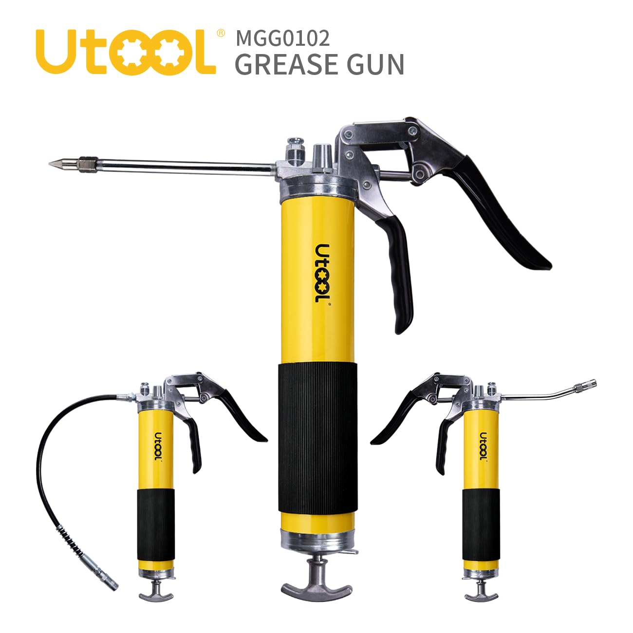 UTOOL Heavy Duty Grease Gun Set, 7000 PSI, 14 oz, Black/Yellow, Includes Flex Hose, Couplers, Rigid Pipe, Sharp Nozzle
