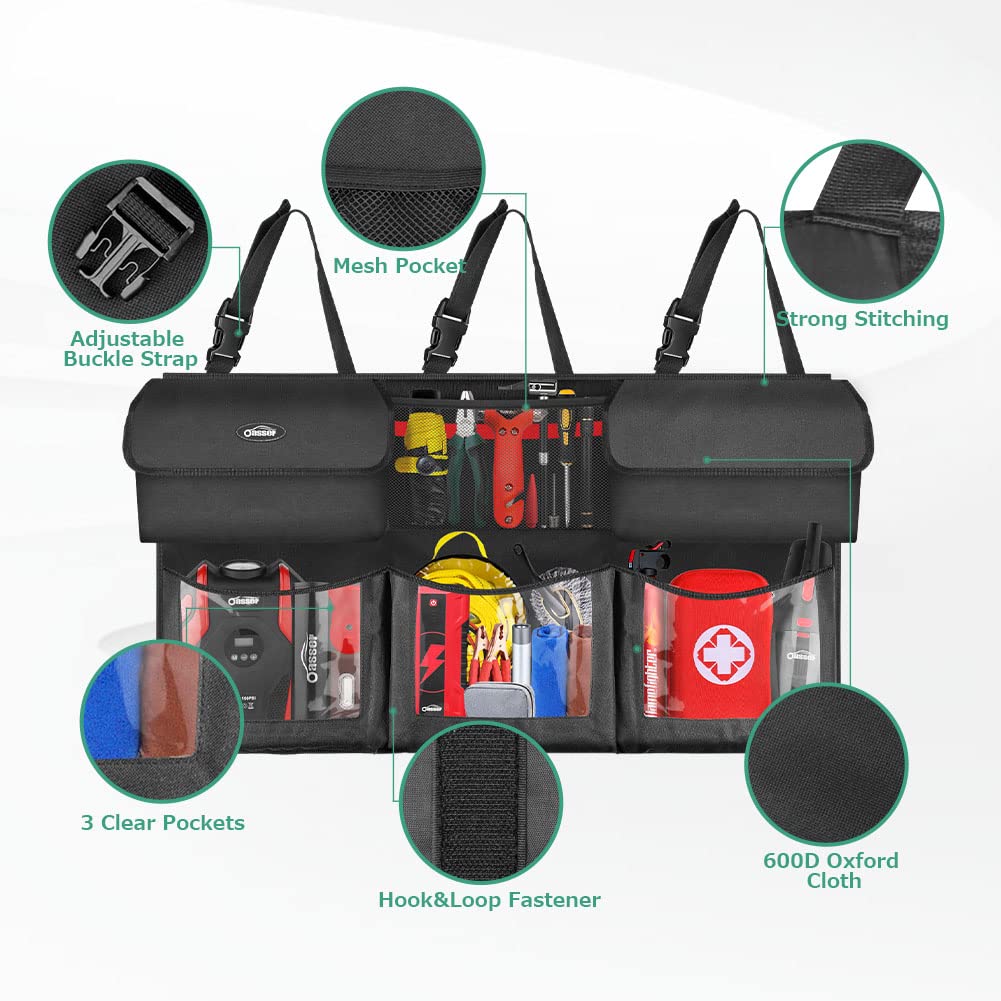 Oasser Trunk Organizer For Car, Hanging Car Organizer With 6 Large Pockets 3 Adjustable Straps 43.3X19Inch