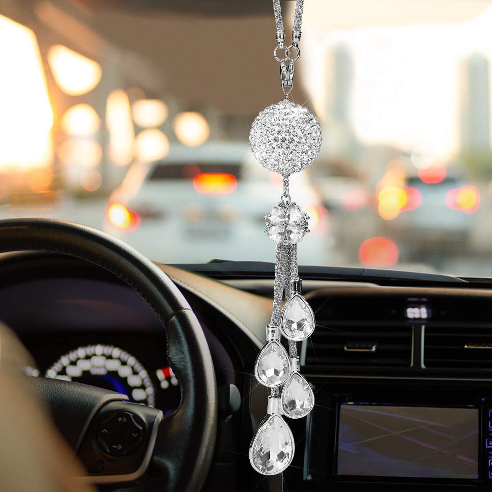 Otostar Bling Crystal Ball And Drops Car Hanging Accessories, Car Rear View Mirror Pendant Charms Interior Sun Catcher Ornament, Bling Car Accessories For Women Girls (White)