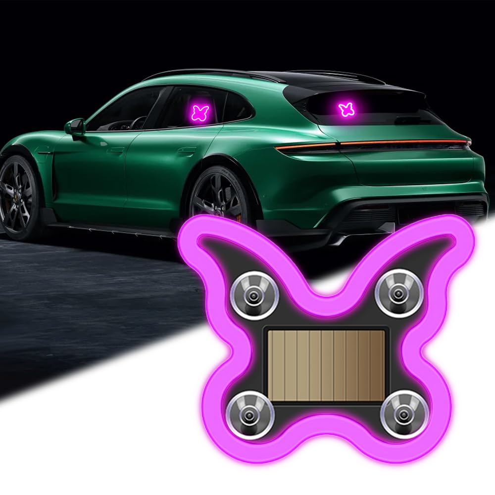 NHHEO Car LED Interior Light, 6 Modes Butterfly Pink Ambient Light Solar-Powered&USB Charging LED Neon Light for Car Window Deco