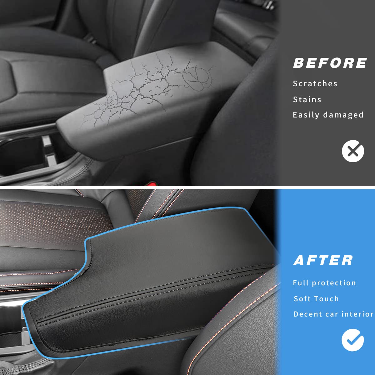 INTGET Leather Armrest Cover for 2021-2023 Subaru Crosstrek/Impreza, Black with Black Stitches, Console Protector, Seat Cover