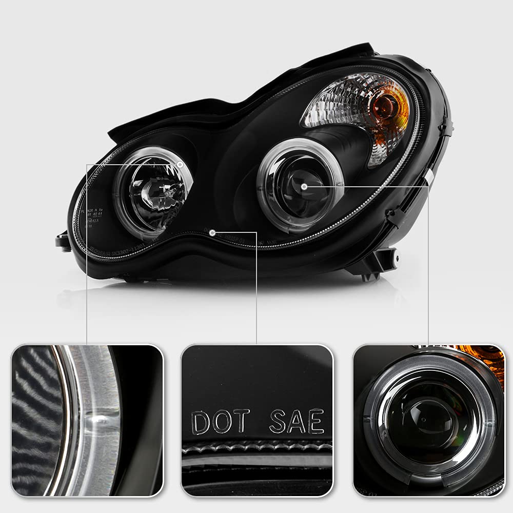 ACANII LED Halo Black Projector Headlights for 2001-2007 Mercedes-Benz W203 C230 C240 C320
