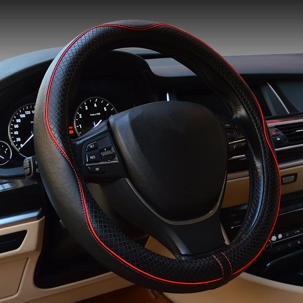 Car Steering Wheel Cover, Anti-Slip, Safety, Soft, Breathable, Heavy Duty, Thick, Full Surround, Sports Style (Black With Red Line)
