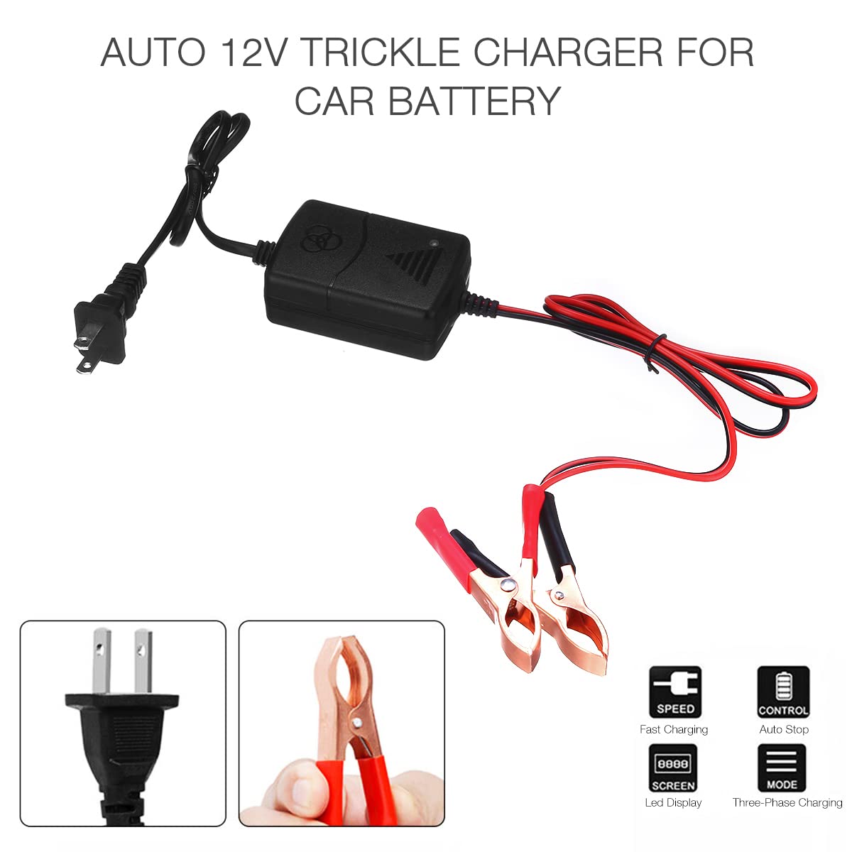 Generic 12V Automatic Smart Car Battery Charger - Trickle Charger for Boats, Motorcycles, ATVs, SUVs & RVs, Red