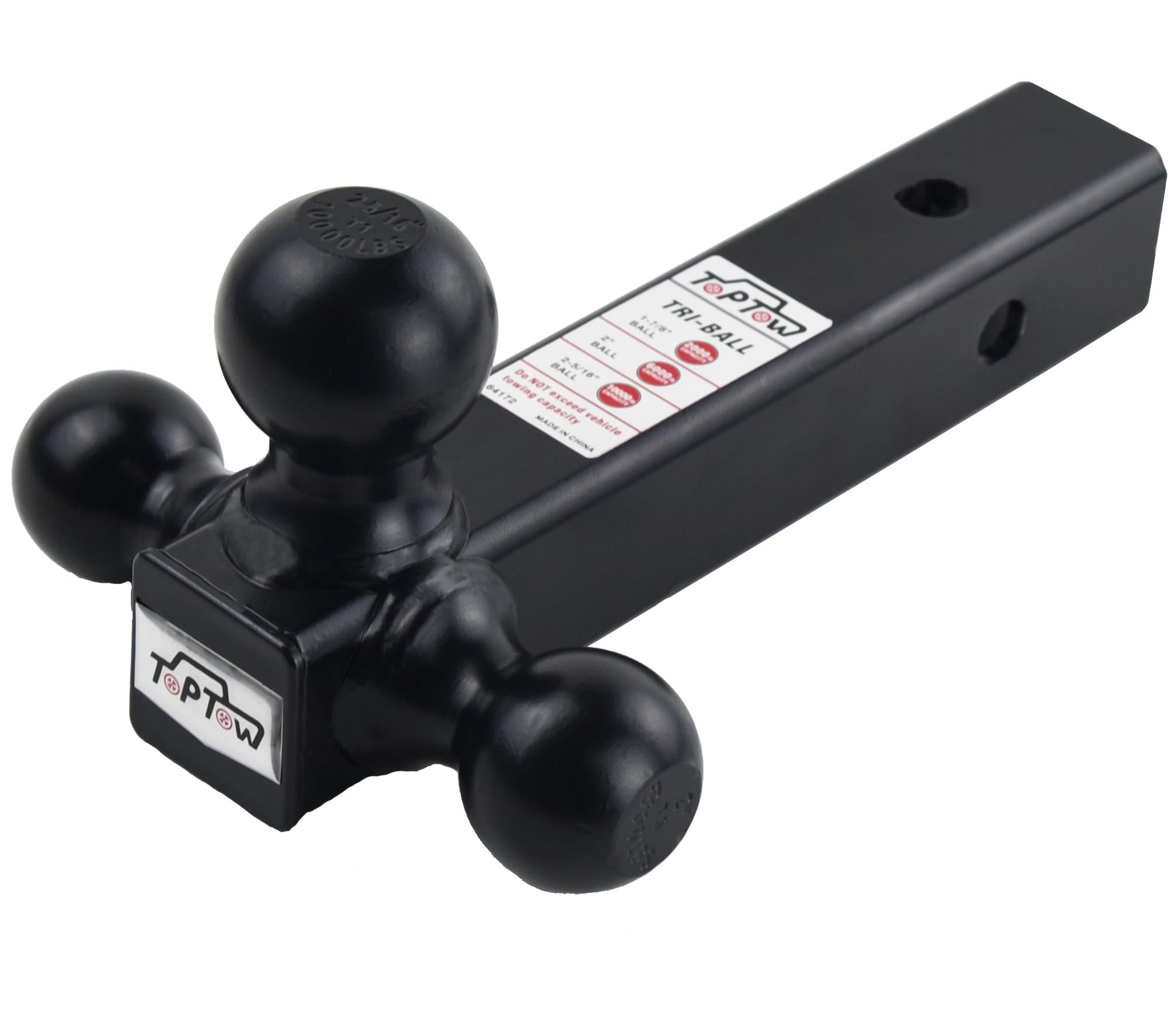 Toptow 64173Hp Trailer Hitch Tri Ball Mount With 5/8 Inch Hitch Pin, Chrome Balls, Fits For 2 Inch Hitch Receivers, Hollow Shank