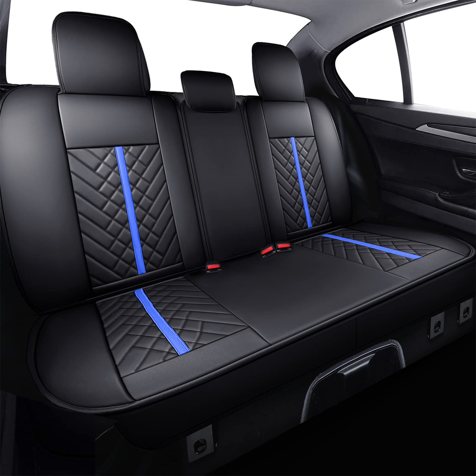 Tomatoman Rear Seat Covers for Toyota Tacoma 2005-2022, Faux Leather, Black-Blue, TRD Sport Offroad, Crew Double Extended Cab