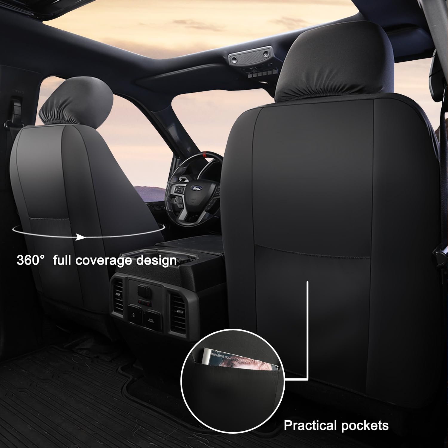 Giant Panda Front Car Seat Cover For Ford F150, Leather Bucket Seat Covers Custom Fit Ford F250 F350 (Grey+Black) 2 - Pack