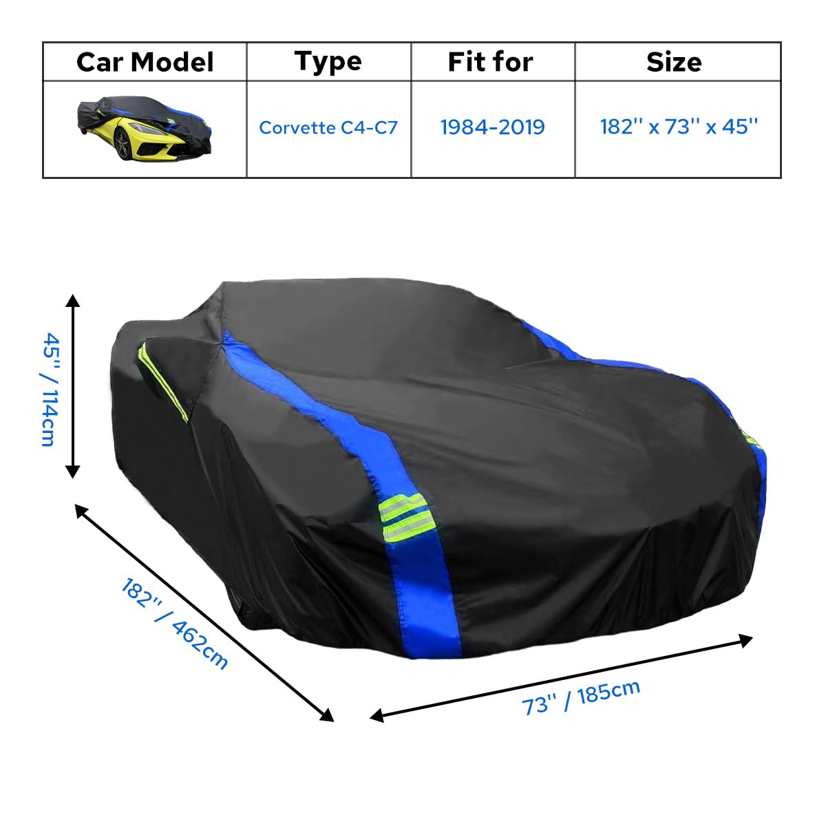 Avecrew Waterproof Car Cover for Chevrolet Corvette C4/C5/C6/C7, Oxford Material, Black-Blue, Model RZ-21-C4C7, Outdoor Full Fit