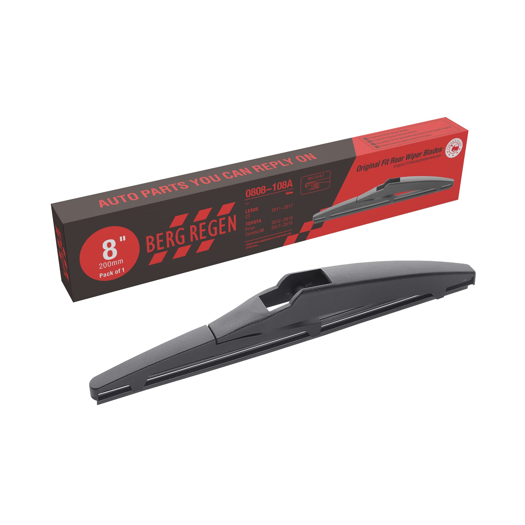 Berg Regen Rear Wiper Blade 8 Inch (8-A) Replacement For Toyota Prius C 2019 2018 2017 2016 2015 2014 2013 2012 /Lexus Ct200H 20