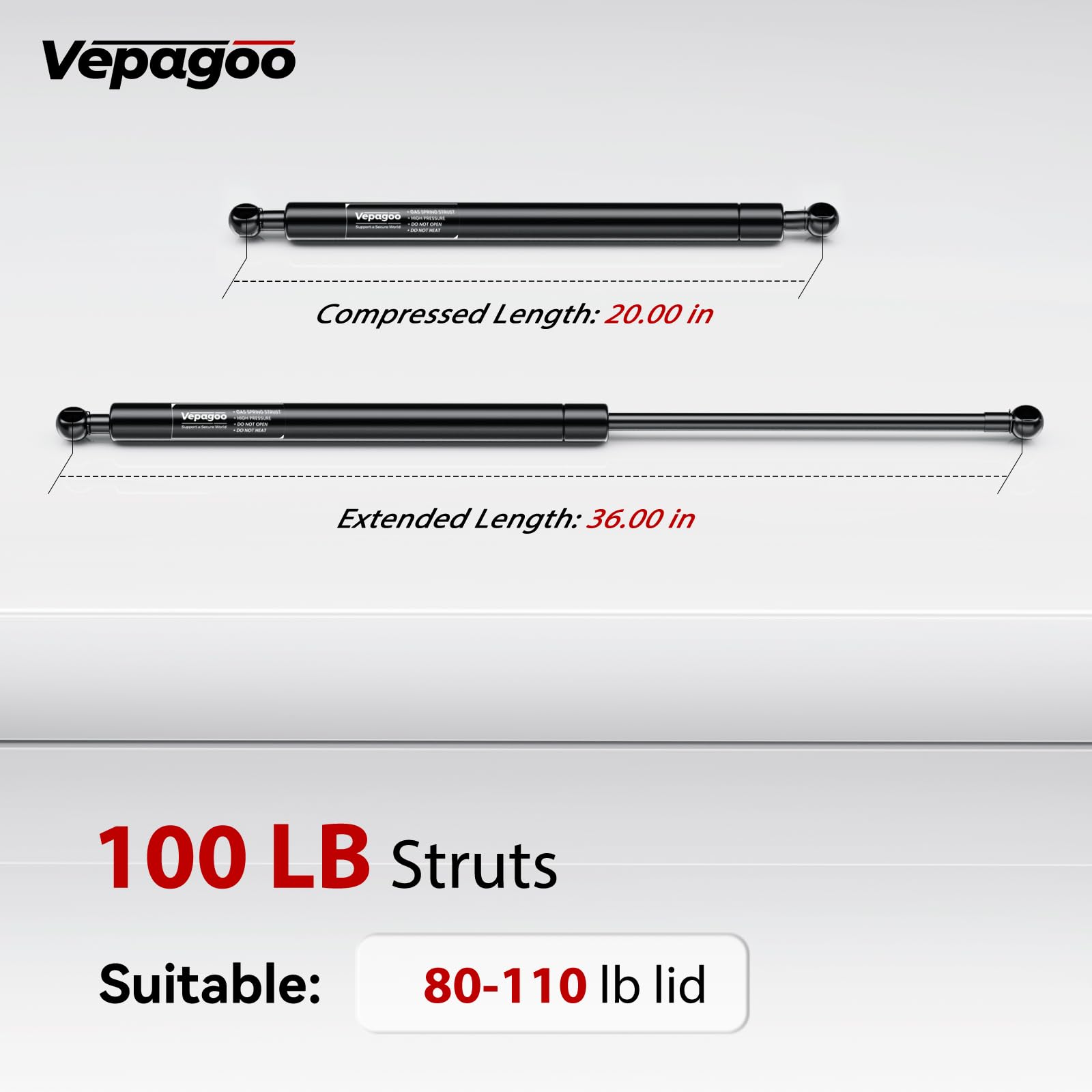 Vepagoo Gas Struts 36 Inch 100Lb Heavy Duty Shock Lift Support Spring, Alloy Steel, Black, Set of 2, Model ST360M110010