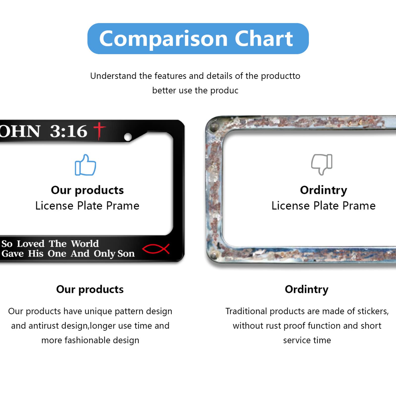 2Pcs John 3:16 Christian Religious License Plate Frame For God So Loved The World For Car Decorative Parts License Plate For Sta