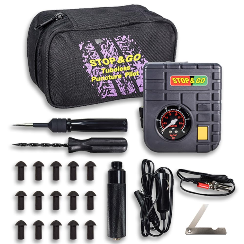 Stop & Go 6000 24 Piece Tubeless Puncture Pilot Tire Repair Kit & Air Compressor for Flats on Motorcycle, Scooter, ATV, UTV, Gol
