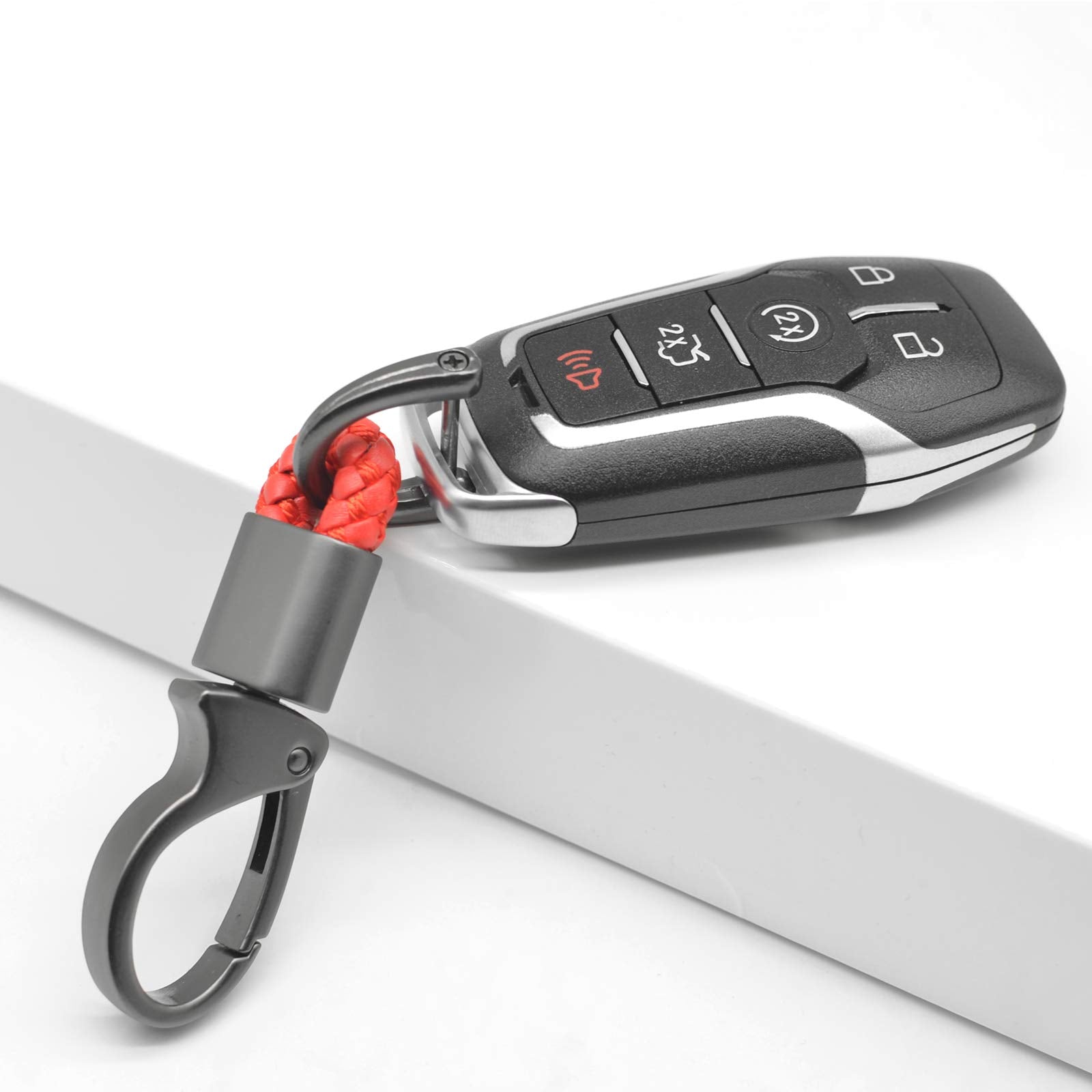 Eyanbis Car Key Fob Keychains Leather Holder Key Chain Sturdy Metal With D-Ring For Men And Women 2 Pack, Red, 360 Degree Rotata