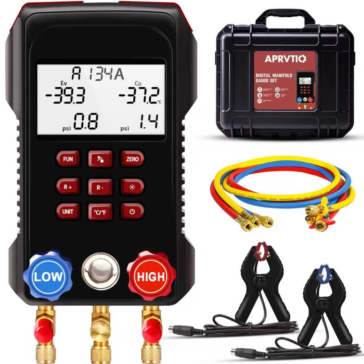 HVAC Manifold Gauge Set with 93 Refrigerants, Aprvtio AMF-300 with 3000 PSI Hoses & Dual Temperature Clamps, AC Refrigerant Gaug