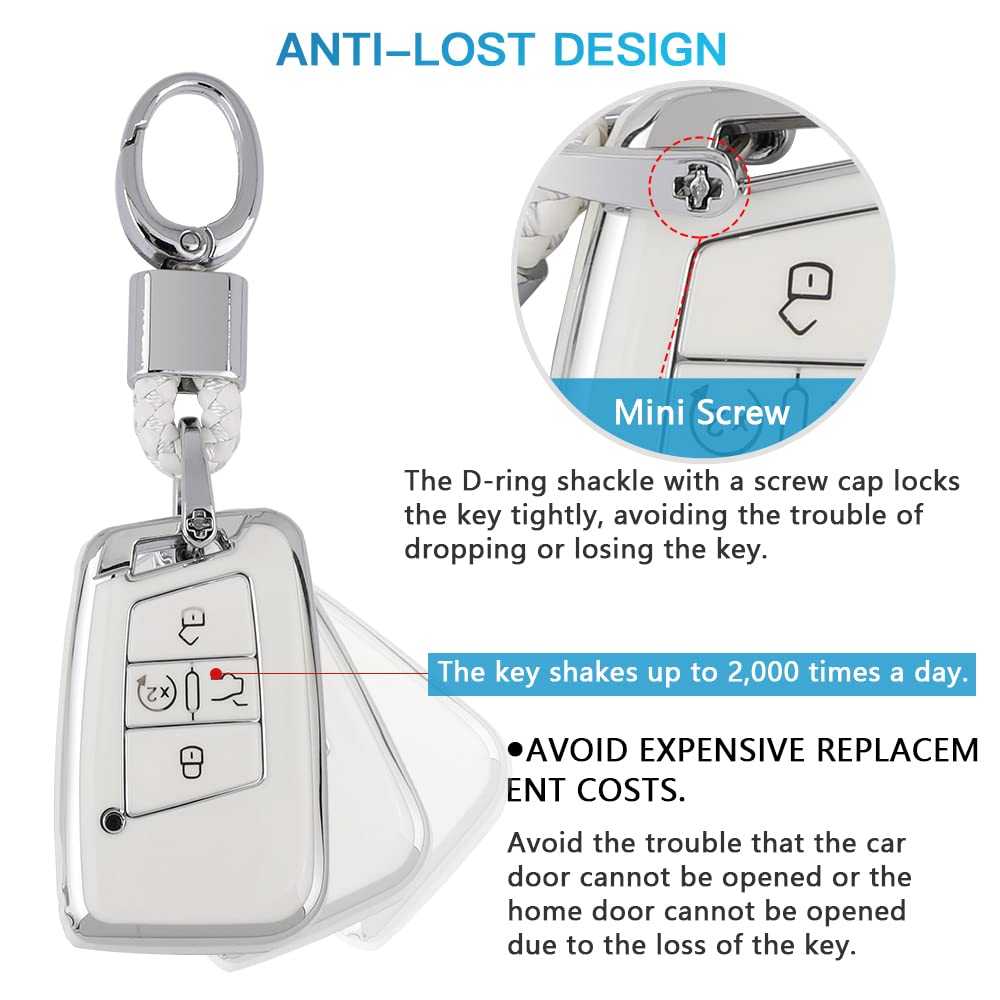 1797 VW Key Fob Cover for Type C, TPU Material, 4 Button, White Silver, Compatible with Jetta Tiguan Arteon Atlas Taos