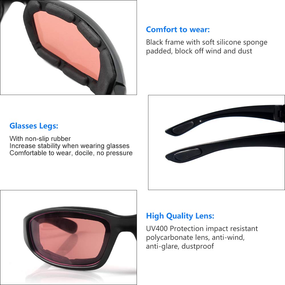 3 Pair Motorcycle Riding Glasses Padding Goggles Uv Protection Dustproof Windproofmotorcycle Sunglasses With Pink Lens For Outdo