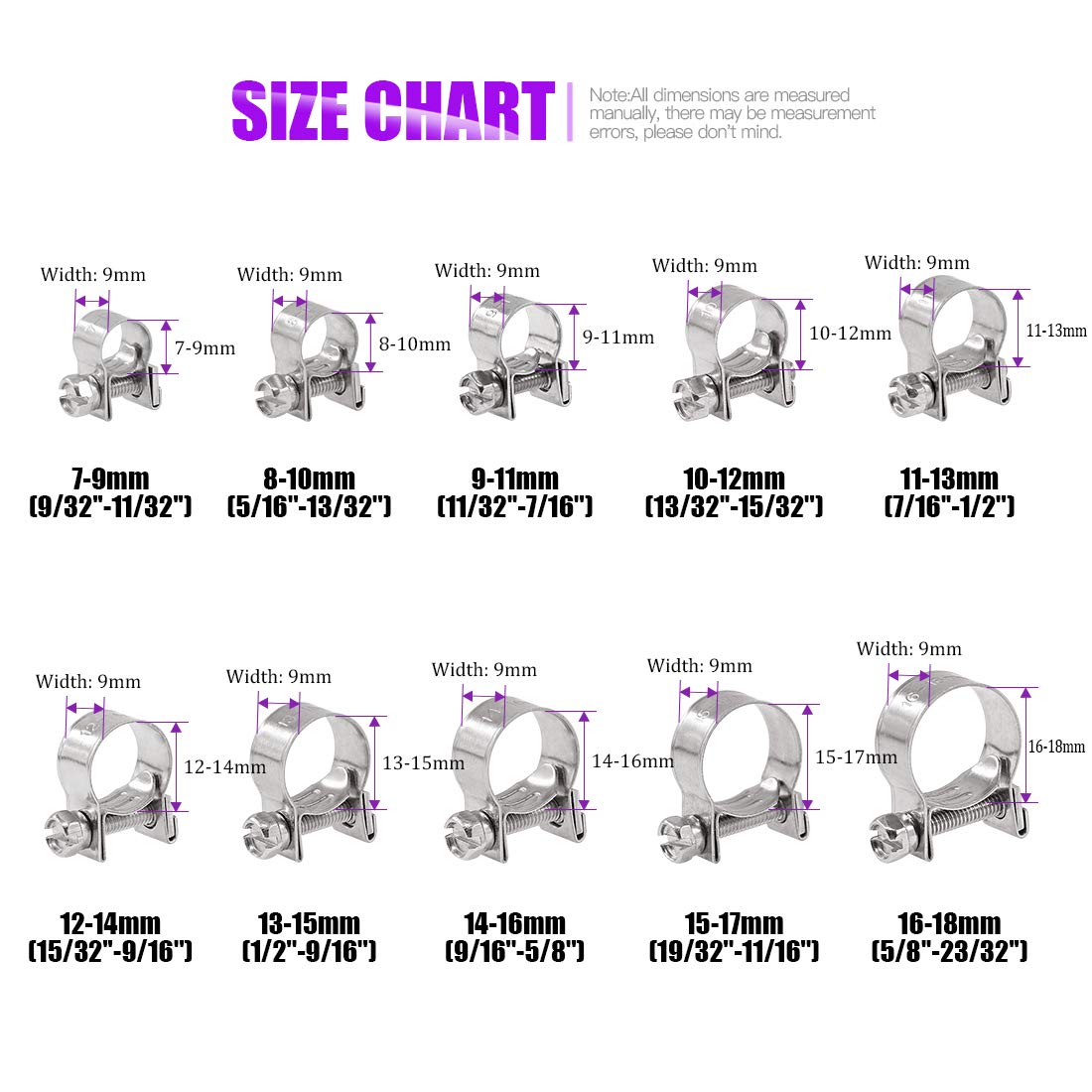 Swpeet 12Pcs 16Mm-18Mm 304 Stainless Steel Mini Fuel Injection Line Style Hose Clamp Assortment Kit Perfect For Automotive, Agri