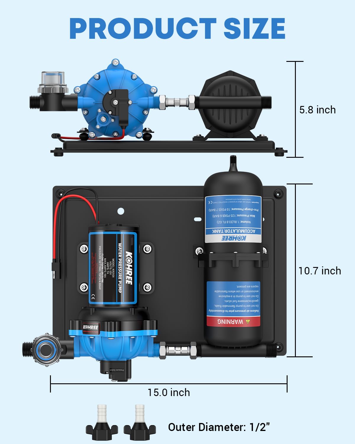 Kohree Rv Water Pump 12V Dc 7Gpm 70Psi And 1L 125Psi Pre-Pressurized Accumulator Tank, Quiet Rv Water Pump And Accumulator Tank
