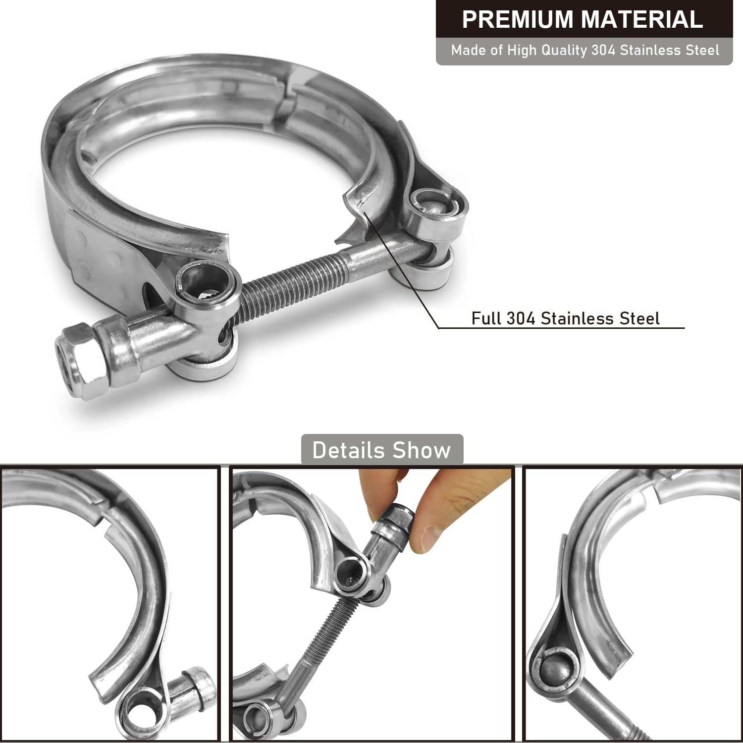 Akihisa 1.5 Inch 304 Stainless Steel V Band Clamp, For Turbo Exhaust Down Pipes Flange Kit, Racing Ford Pickup Truck Exchange Ex