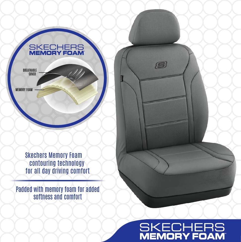 Skechers Memory Foam Car Seat Covers Full Set, Lycra & Polyester, Airbag Compatible, All Black