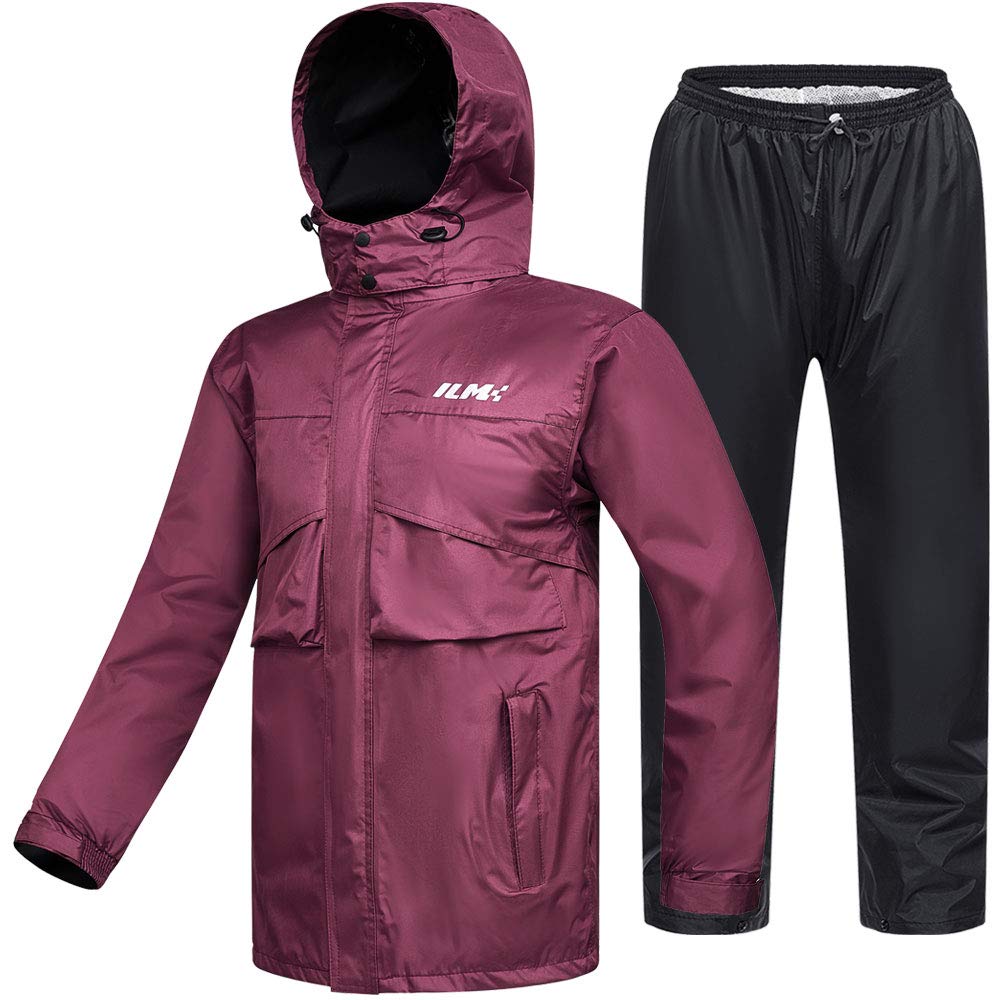 ILM Motorcycle Rain Suit for Women, Waterproof, 2-Piece Set, Large, Wine Red, Model RS02-Women, Wear Resistant, 6 Pockets