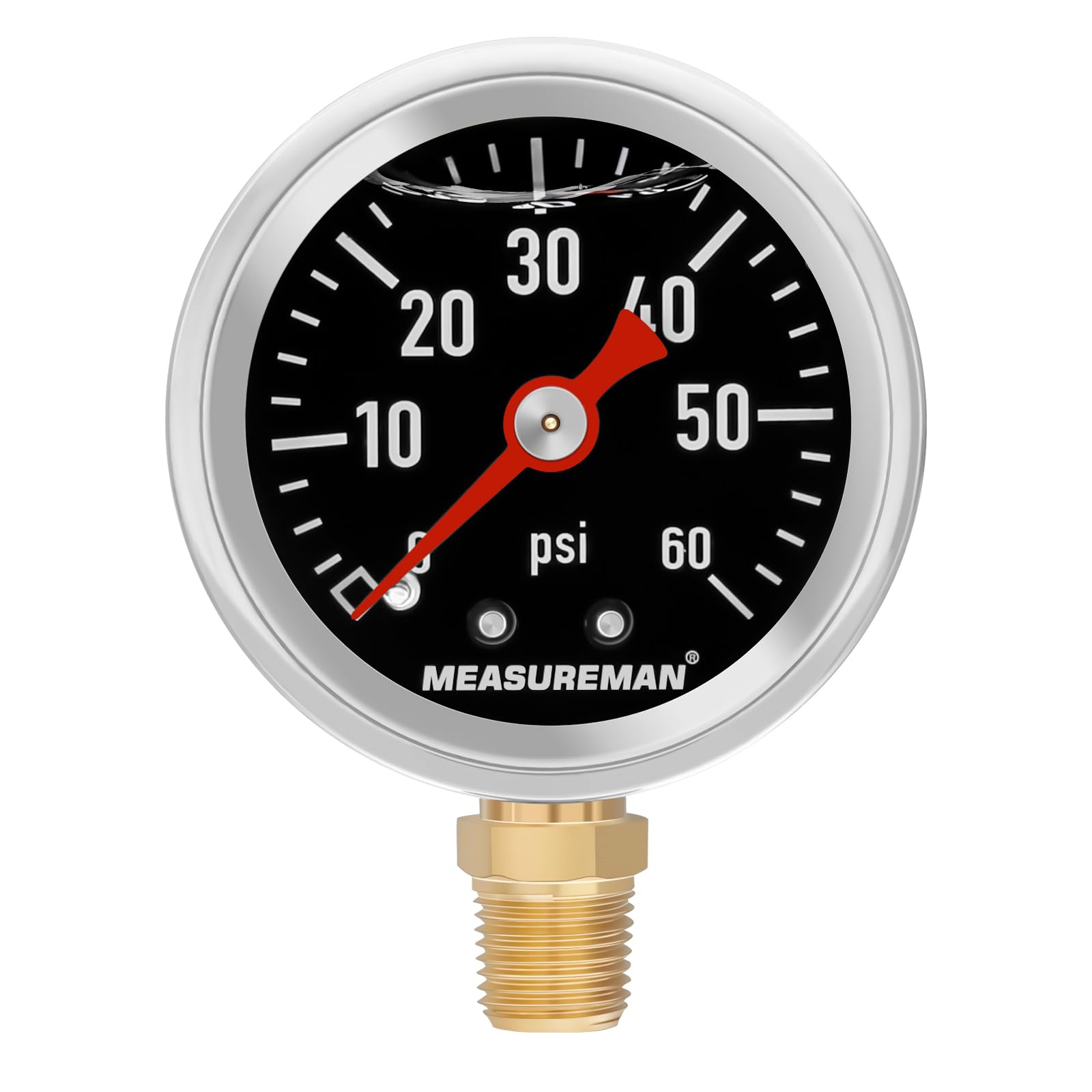 Measureman 1-1/2'' Dial Size Black Dial, Glycerin Filled Fuel Pressure Gauge, 304 Stainless Steel Case, 0-60Psi, -3-2-3%, 1/8''
