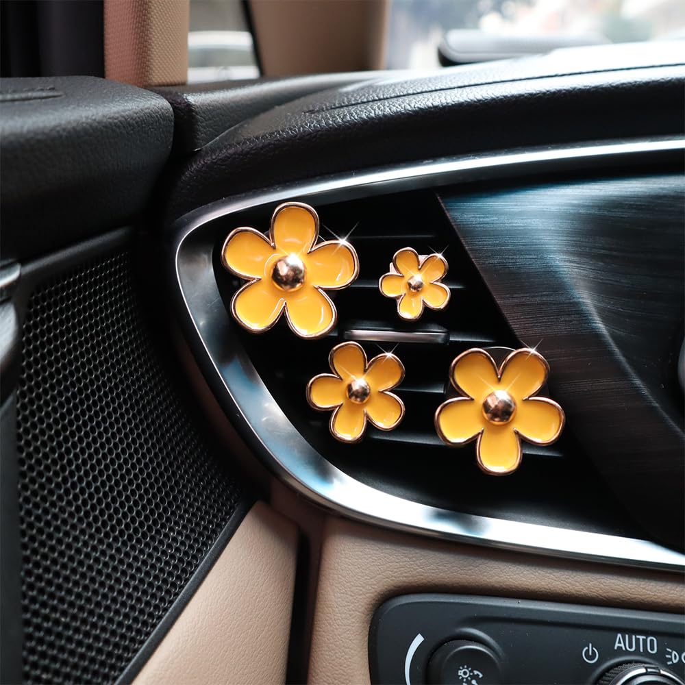 Oriesse Flowers Air Vent Clips Car Air Freshener,4Pcs Yellow Girly Daisy Flower Car Accessories For Women,Lavender Car Scent Dec