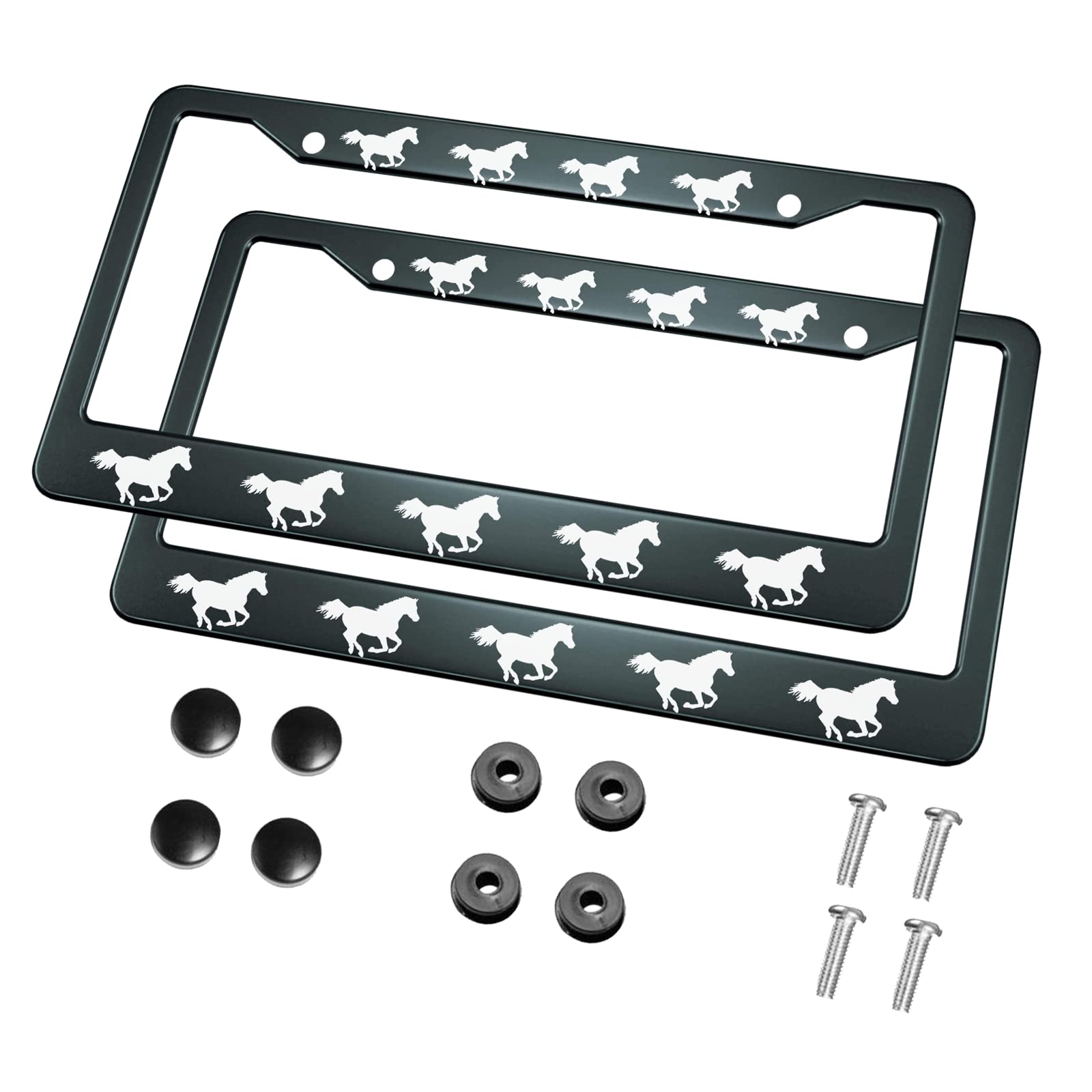 Hosnye White Horses License Plate Frame 9 Horses Running Metal 2 Pcs 2 Holes Black Licenses Plates Frames Front Licenses Plate Covers Car Tag Frame For Women Men Us Vehicles