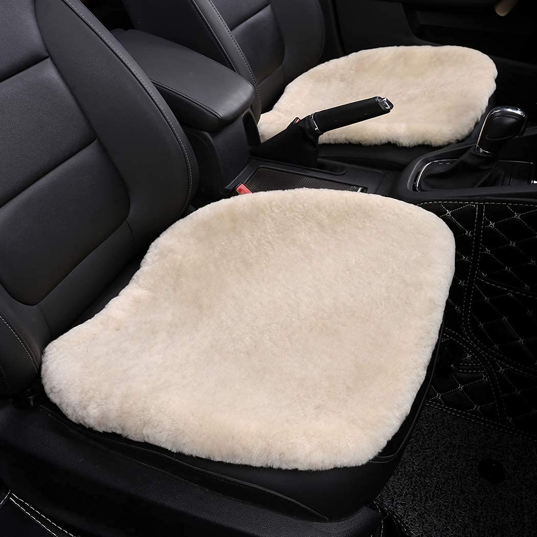 OGLAND Fluffy Sheepskin Car Seat Cover - Pearl, Front 20x20 Inch, Non-Slip Fuzzy Cushion for Auto Interior