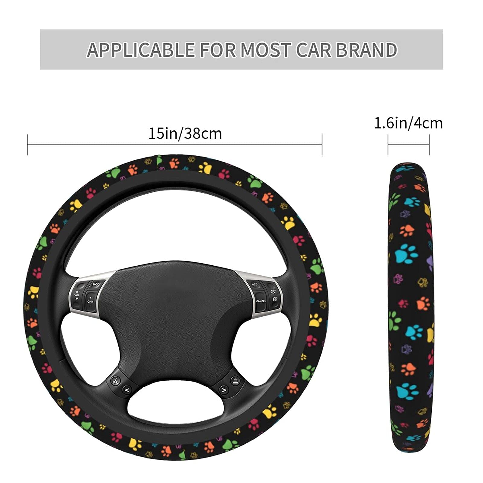 KUOAICY Dog Paw Print Steering Wheel Cover, 15" Non-Slip Neoprene Protector, Black15, One Size, Universal Fit for Men, Women, Teens