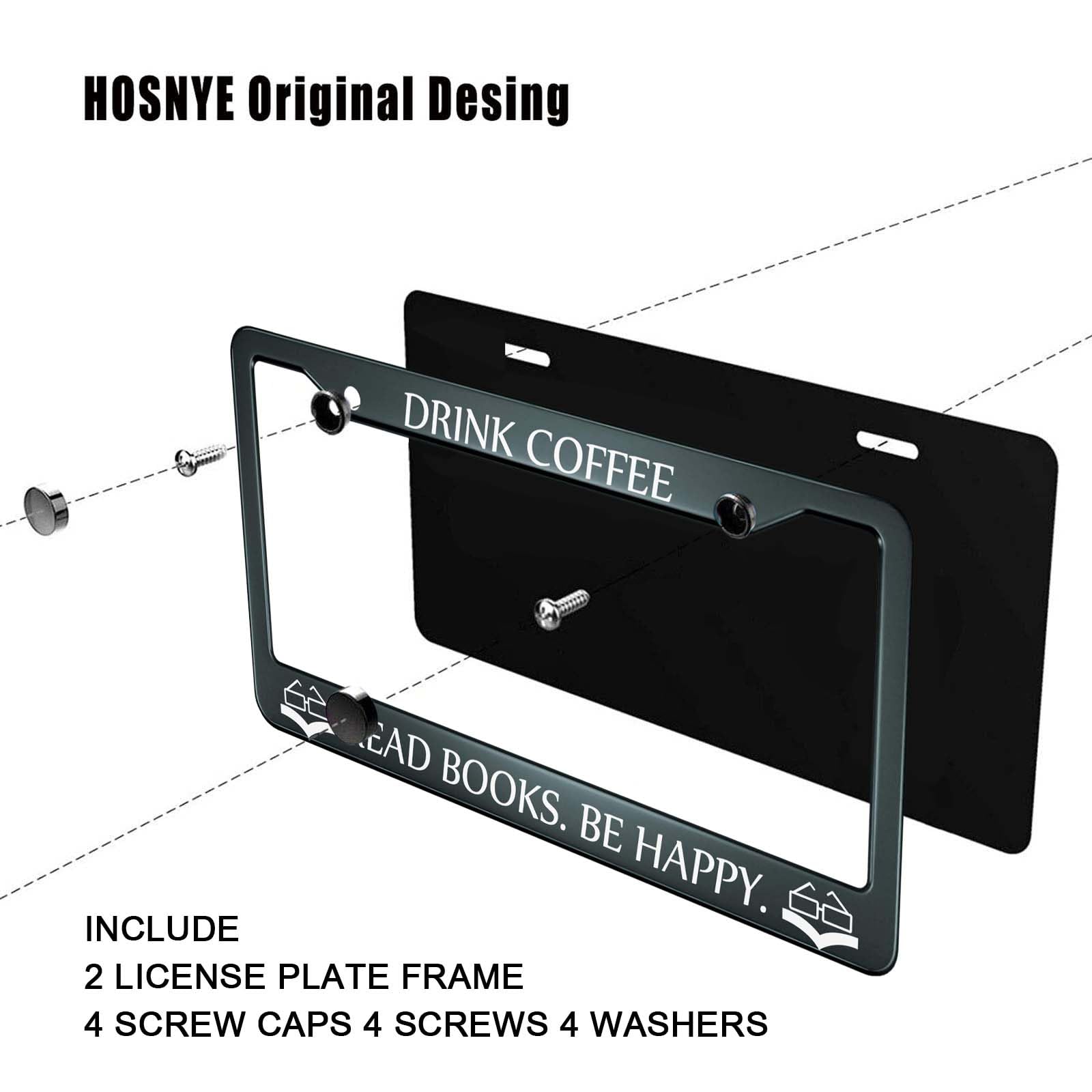 HOSNYE Drink Coffee Read Books Be Happy License Plate Frame Black 2 Pcs Booklover Glasses Frame Metal Cute Licenses Plates Frame