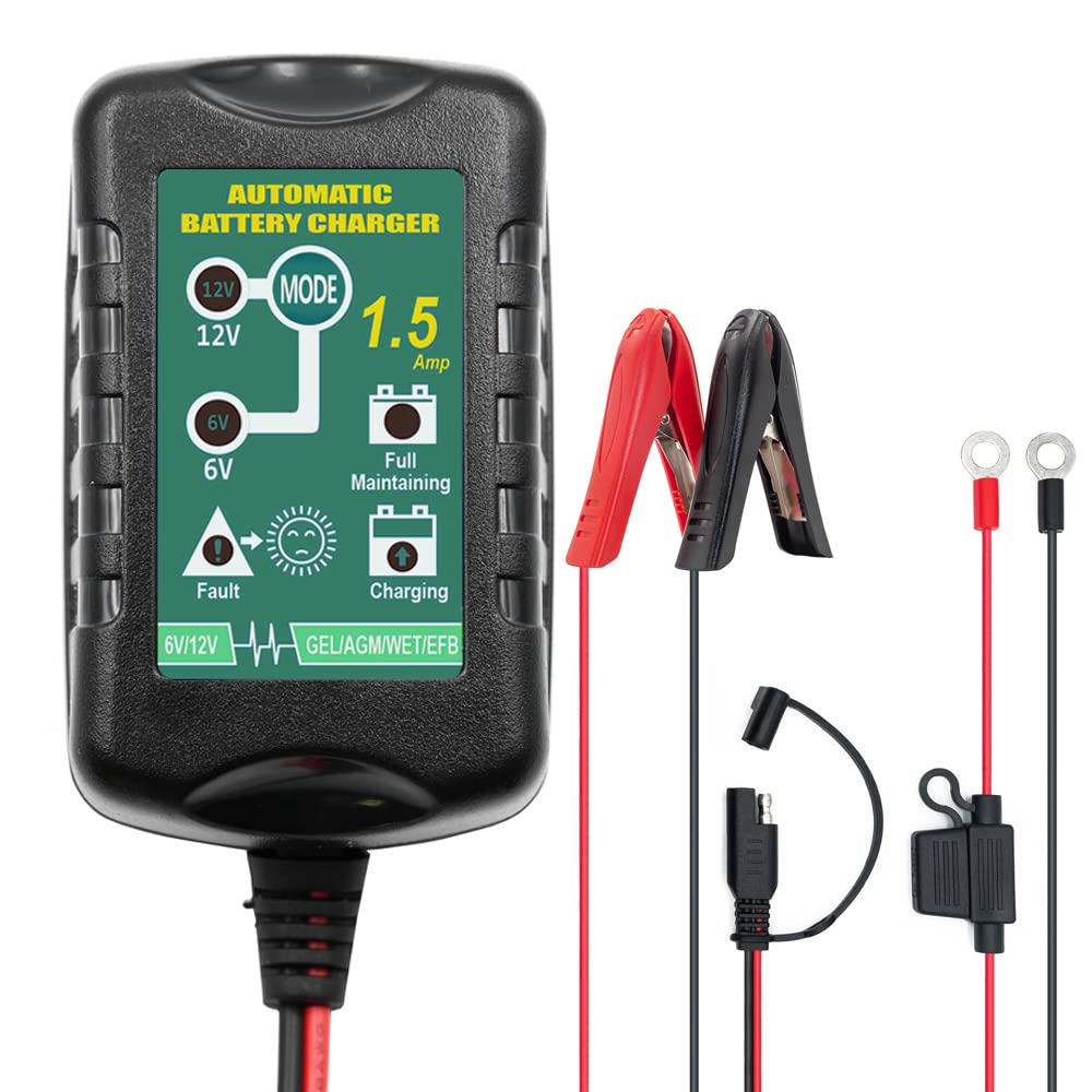 Unocho 6V 12V 1.5A Smart Battery Charger - Automatic Trickle & Float Charger for Car, Motorcycle, Lawn Mower, Boat, Snowmobile