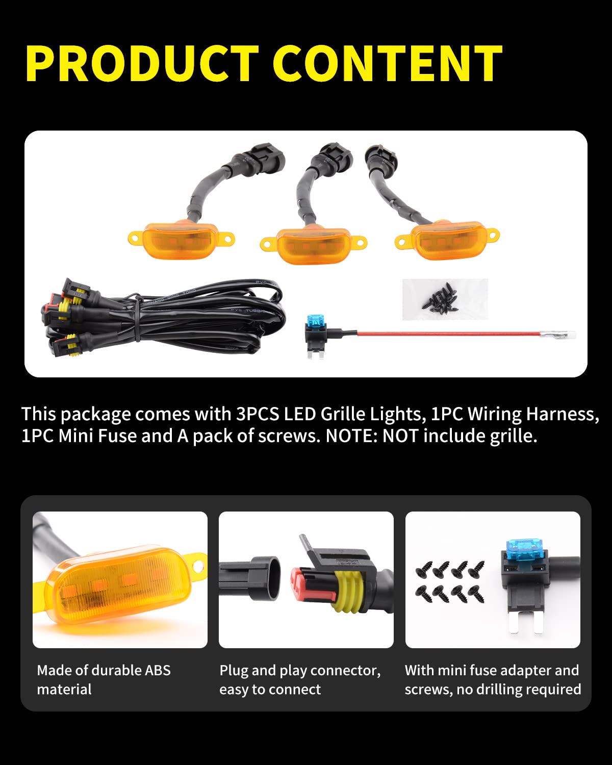 MEALAM Amber LED Lights 3PCS Front Grille Raptor Lamps Car Accessories with Harness and Fuse, Compatible with 2004-2019 for-d F1