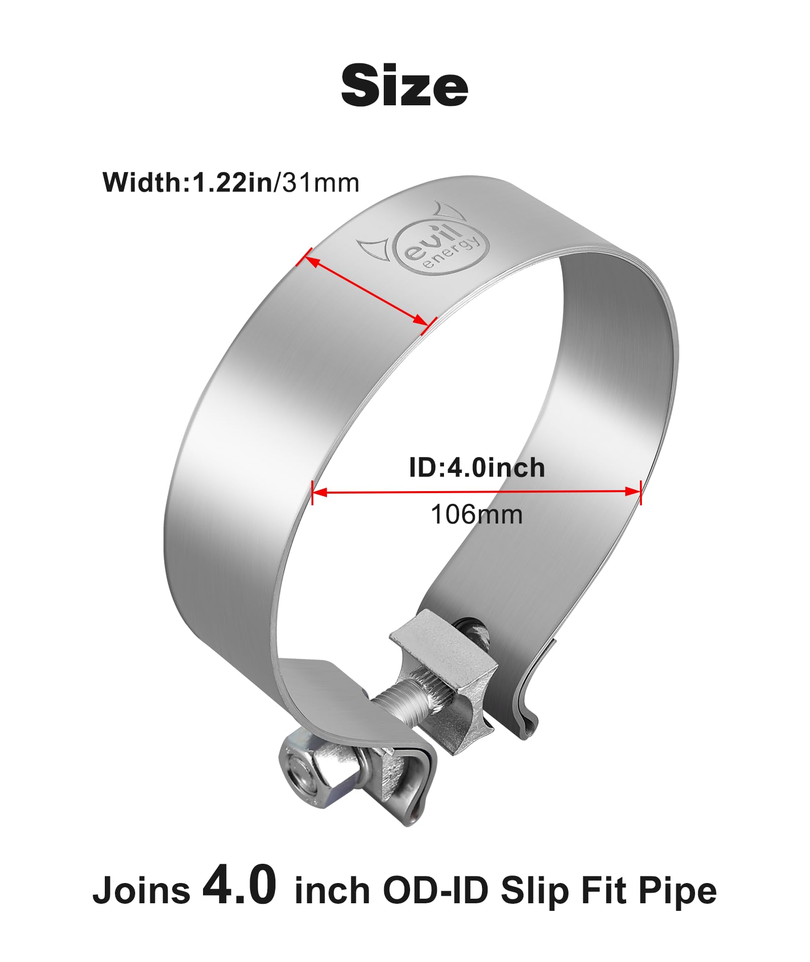 Evil Energy 4.0 Inch Exhaust Clamp,Narrow Band Muffler Clamp Stainless Steel For Pipes,Mufflers,Catalytic Converters 2Pcs