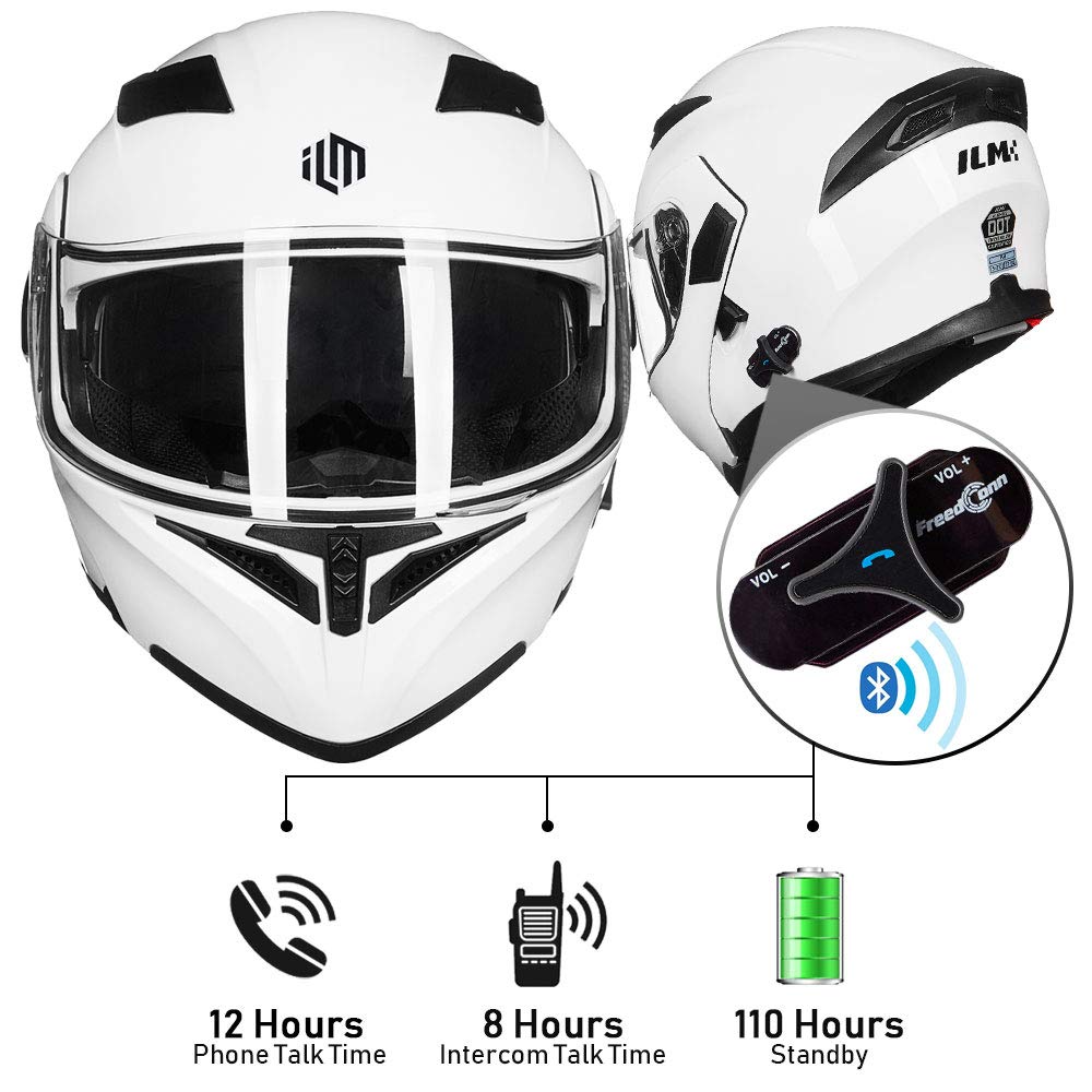 Ilm Bluetooth Motorcycle Helmet Modular Flip Up Full Face Dual Visor Mp3 Intercom Fm Radio Dot Model 902Bt(White, 2Xl)