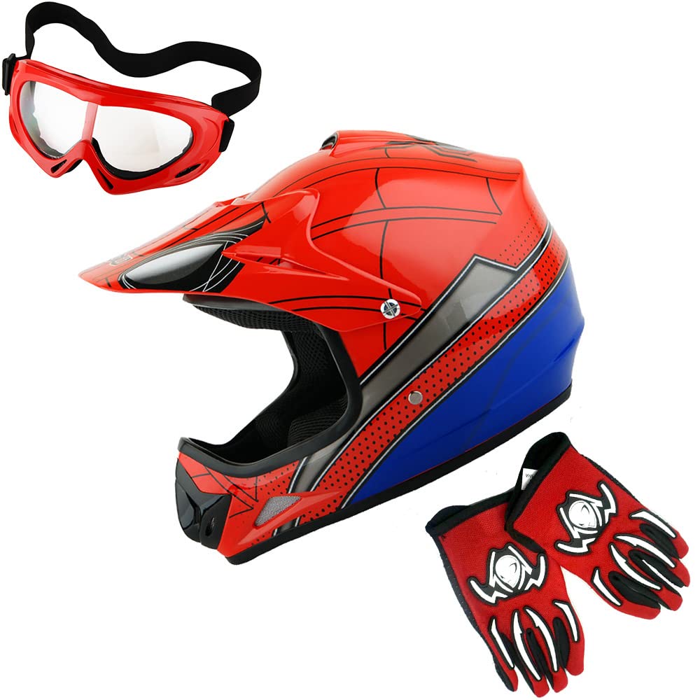 WOW Youth Kids Motocross Helmet BMX MX ATV Dirt Bike Helmet Spider Red  goggles  Mg Youth Red glove Bundle