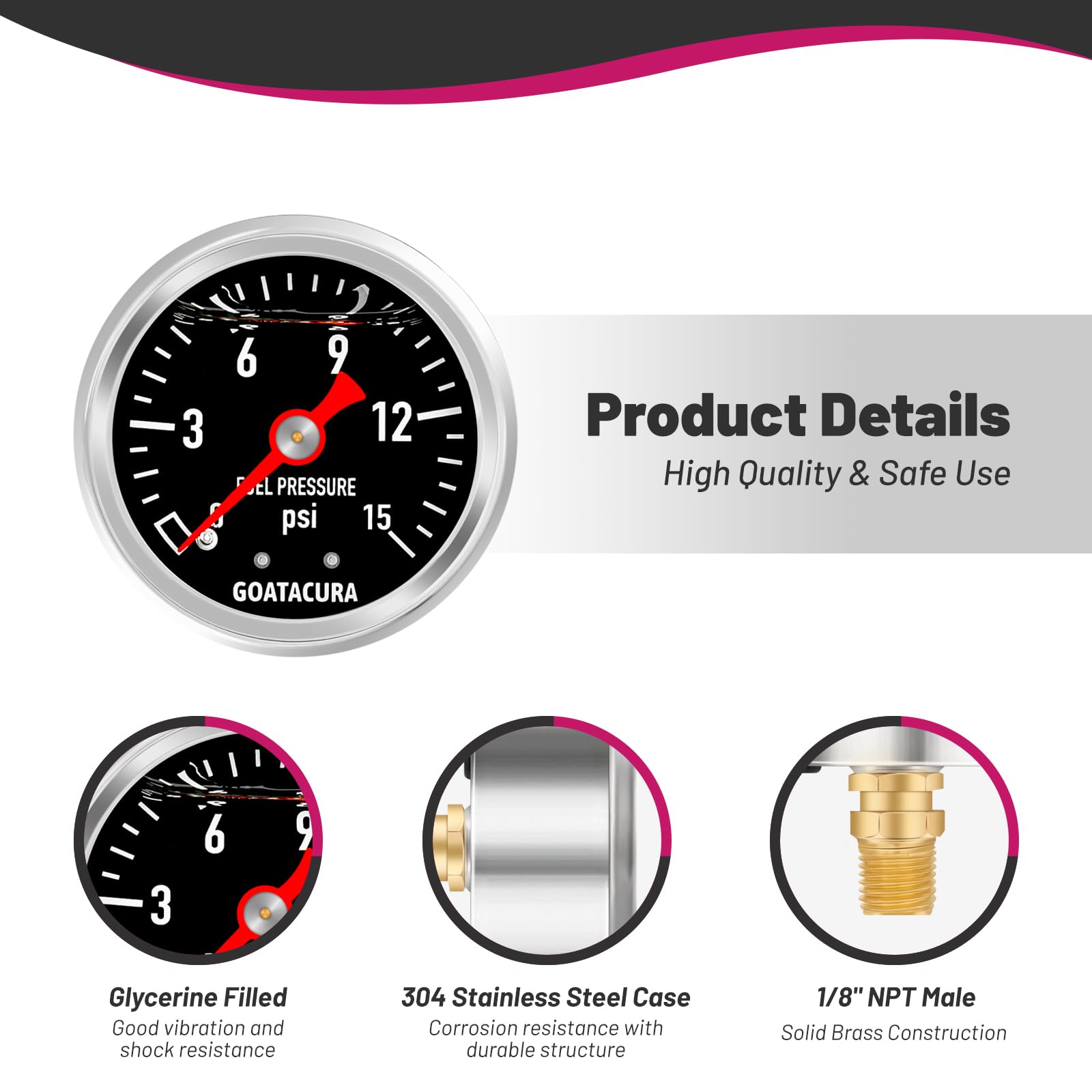 Goatacura 0-15Psi Glycerin Filled Fuel Pressure Gauge, 1-1/2'' Black Dial Size, 304 Stainless Steel Case, 1/8'' Npt Center Back