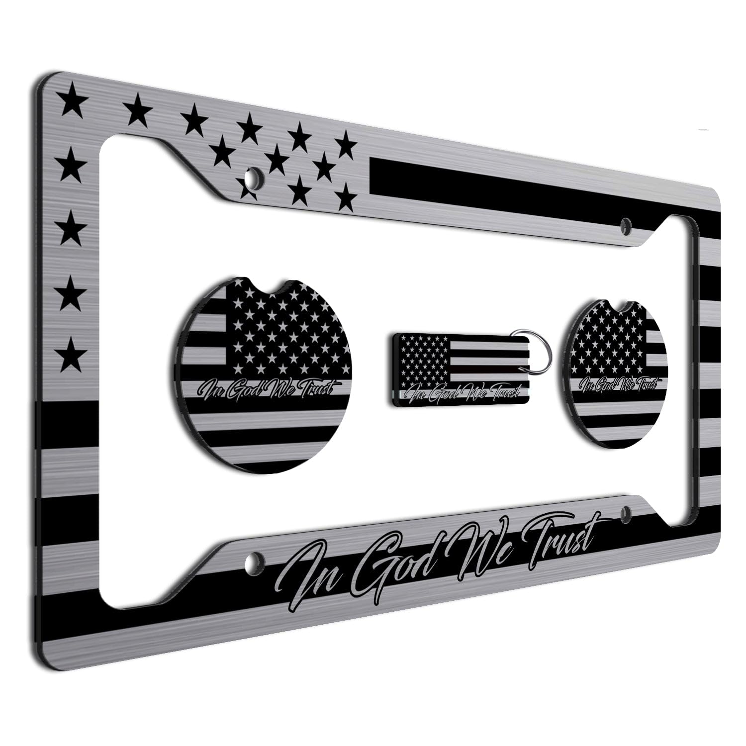 American Flag In God We Trust License Plate Frame + Coasters + Keychain - Perfect For God And Country Lovers - Tactical Patriot