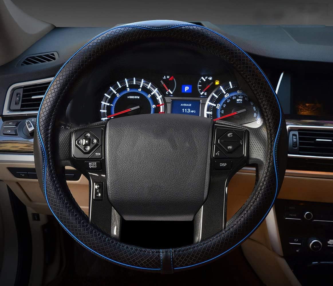 Valleycomfy Steering Wheel Covers Universal 15.75 Inch - Genuine Leather, Breathable, Anti Slip & Odor Free (Black With Blue Lin