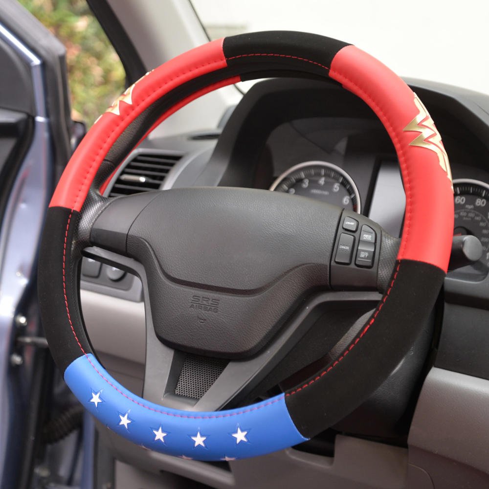BDK Wonder Woman Steering Wheel Cover - Faux Leather, Universal Fit 14.5-15.5", Red, White, Blue, Model WBSW-1904