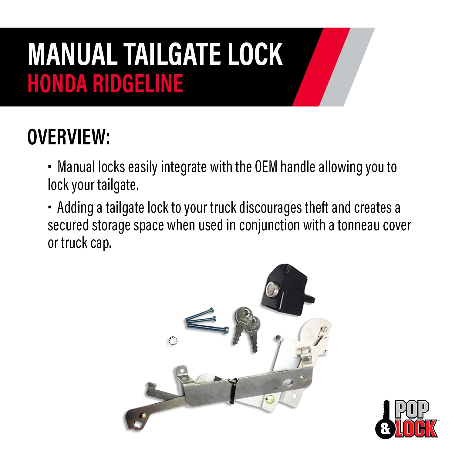 Pop & Lock Pl6100 Black Manual Tailgate Lock For Honda Ridgeline (Works With/Without Factory Backup Camera)