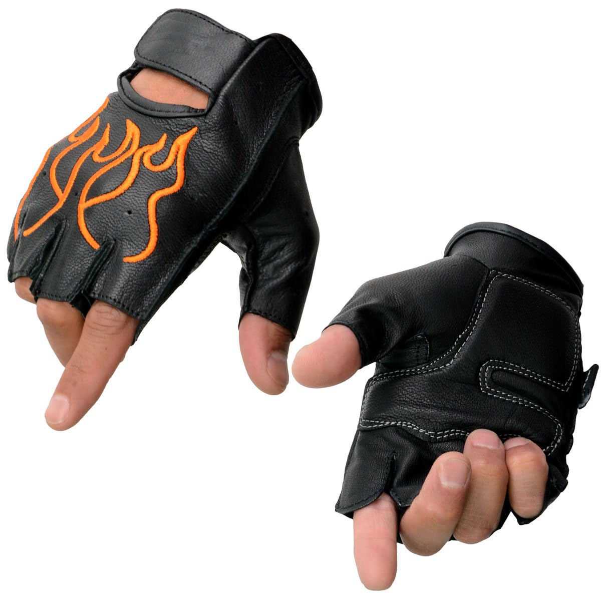 Milwaukee Leather SH198 Men's Black Leather Gel Padded Palm Fingerless Motorcycle Gloves w/Orange Flame Embroidery - Large