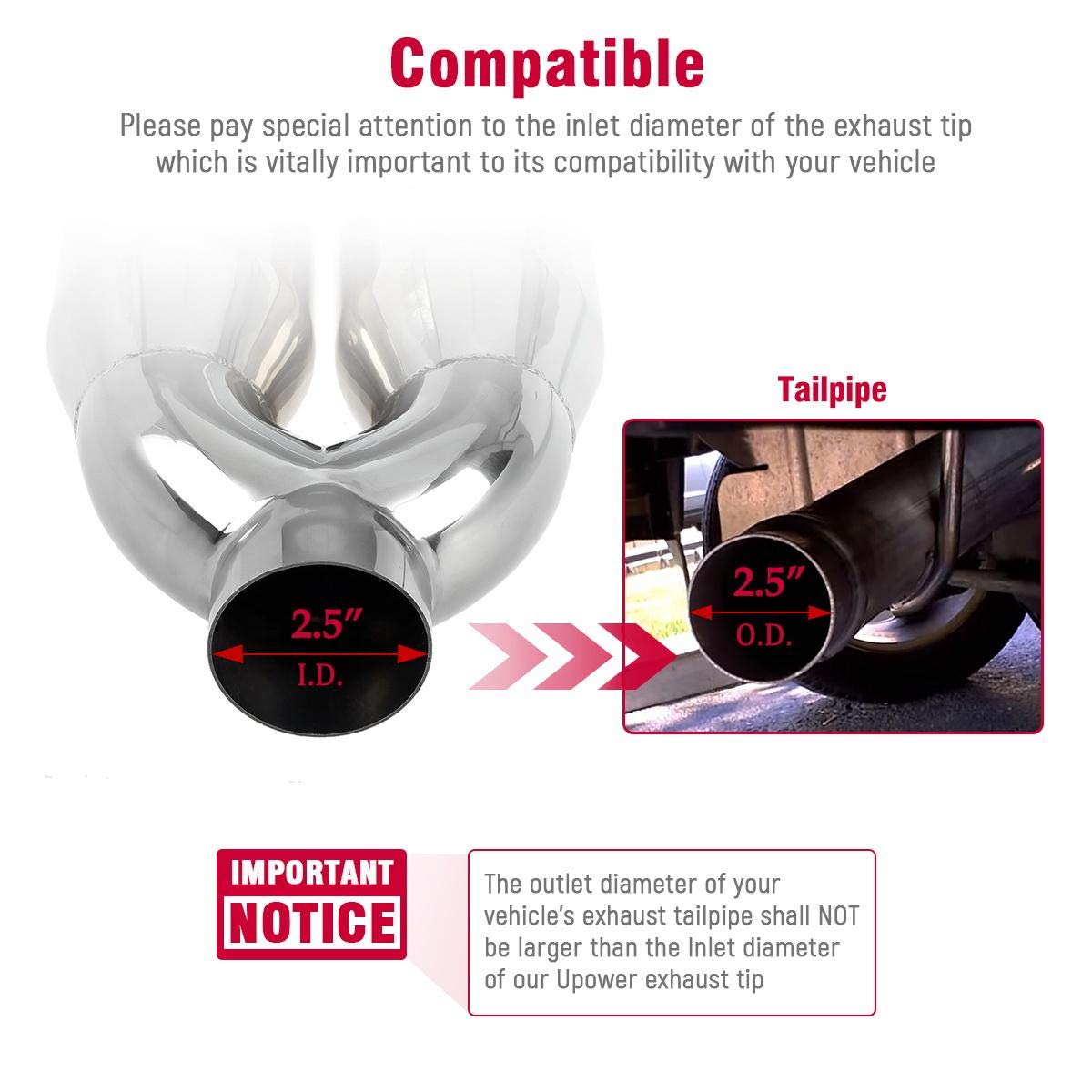 Upower Dual Exhaust Tips 2.5" Inlet 3.5" Outlet 304 Stainless Steel Polished Blue 9.75" Length Weld-On Tailpipe