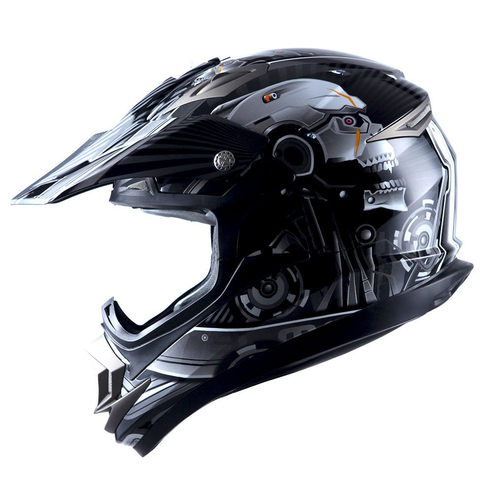 1Storm Adult Motocross Helmet Off Road Mx Bmx Atv Dirt Bike Mechanic + Motorcycle Bluetooth Headset: Skull Black