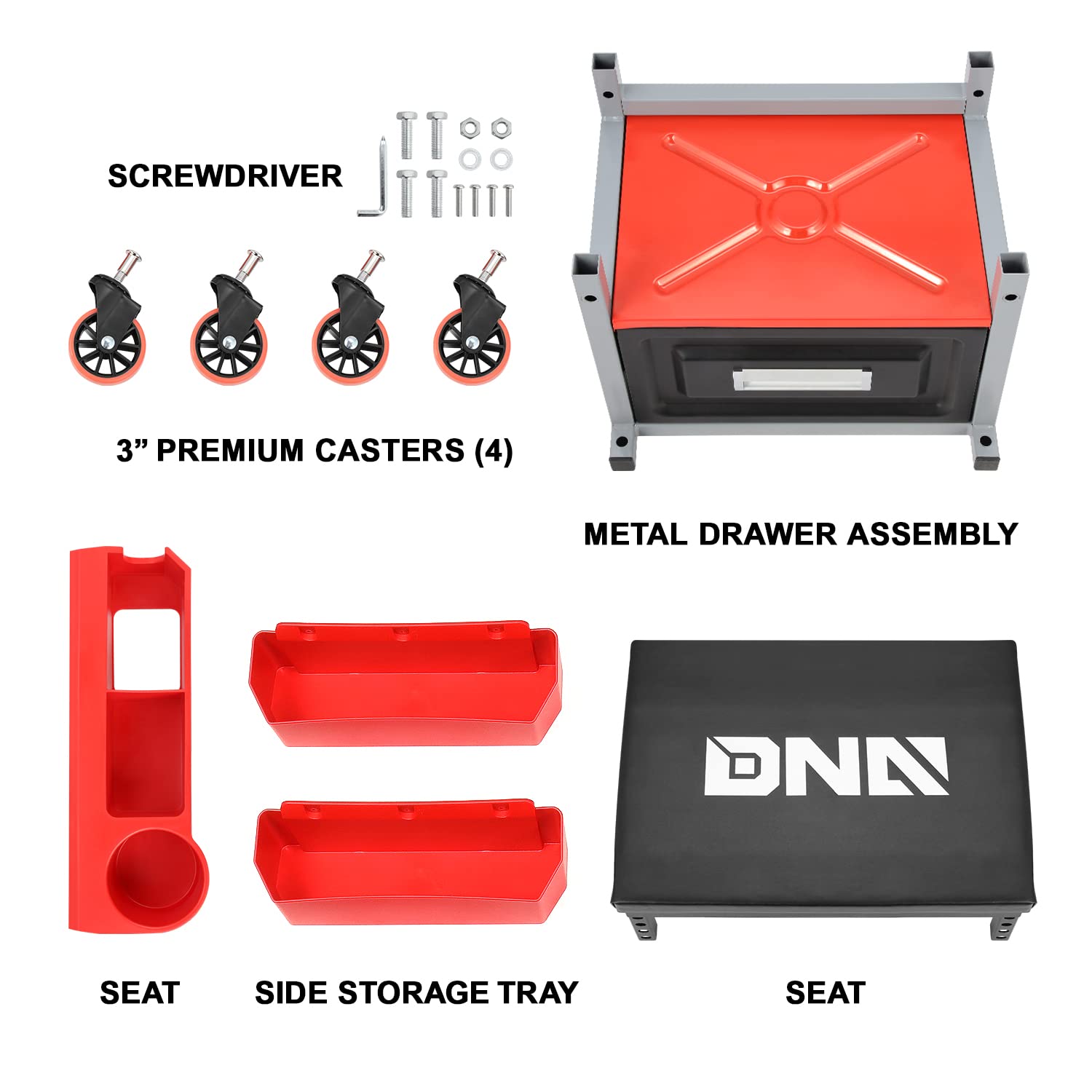Dna Motoring Tools-00198 Adjustable Height Mechanics Roller Seat Creeper Stool With Padded Cushion, Tool Storage Drawer & Tray,