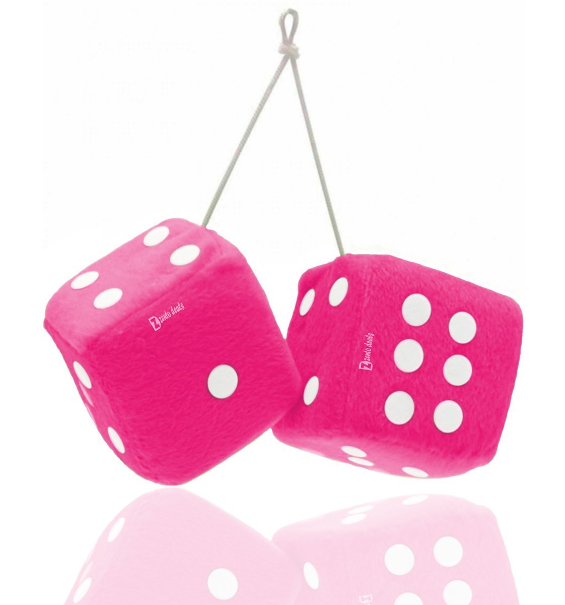 Zento Deals Pair of 3 inch Square Hot Pink Hanging Fuzzy Plush Dice with White Dots for Car Interior Cute Ornament Decoration Re