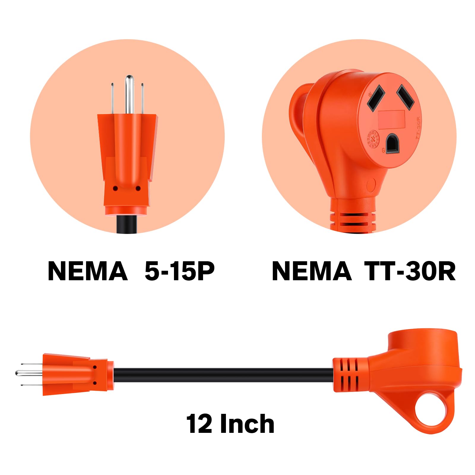 Ficstar 30 Amp To 110 Volt Rv Adapter Cord 12 Inch,Nema 5-15P To Nema Tt-30R Electrical Power Adapter,12/3 Gauge Rv Dogbone Adap