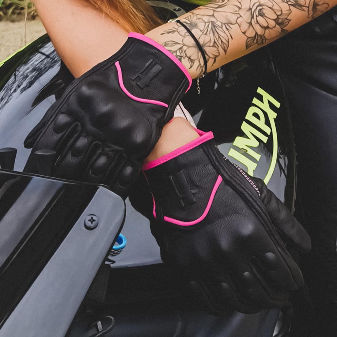 Harssidanzar Leather Motorcycle Gloves,Motorbike Gloves,Road Racing,Cycling,Climbing,Powersports Gloves Touchscreen Gl016,Pink/B